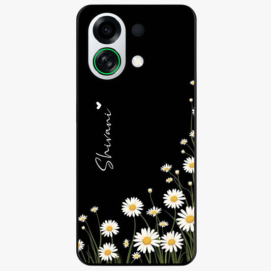 Daisy Cascade Custom Name Glass Case showing flat back view with cascading daisy flowers and personalized name design.
