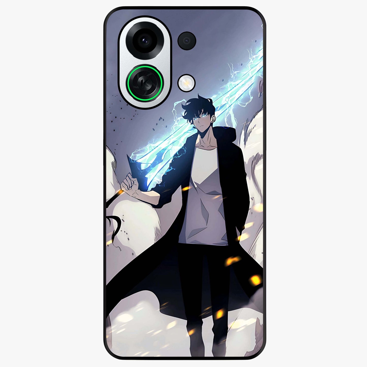 Dark Lightning Anime Warrior Glass Case showing flat back view with intense anime warrior artwork and glossy glass finish.