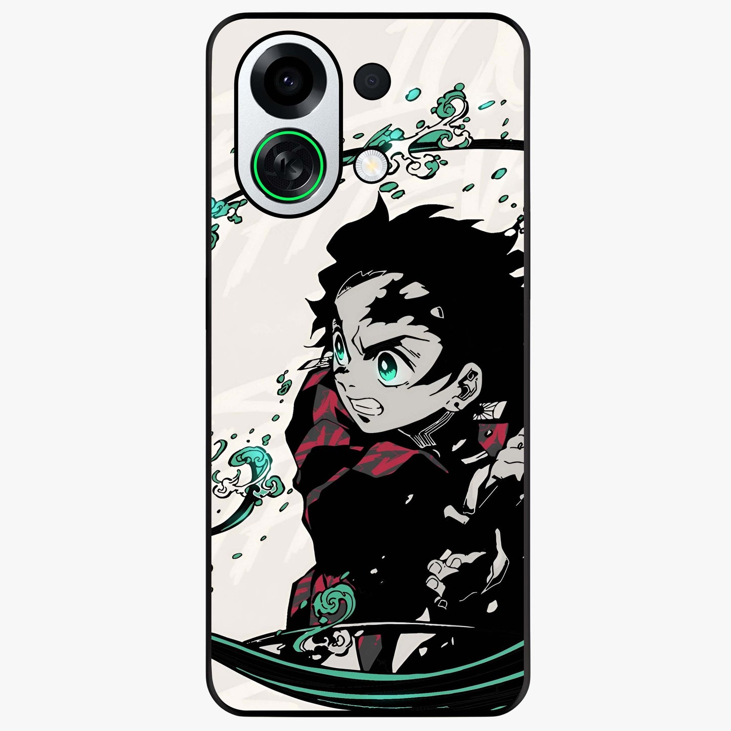 Demon Slayer Glass Case showing flat back view with bold anime inspired artwork and glossy glass finish.