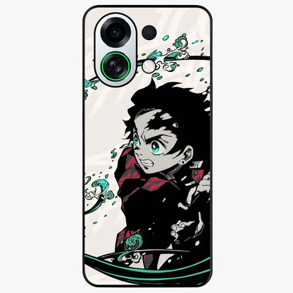 Demon Slayer Glass Case showing flat back view with bold anime inspired artwork and glossy glass finish.