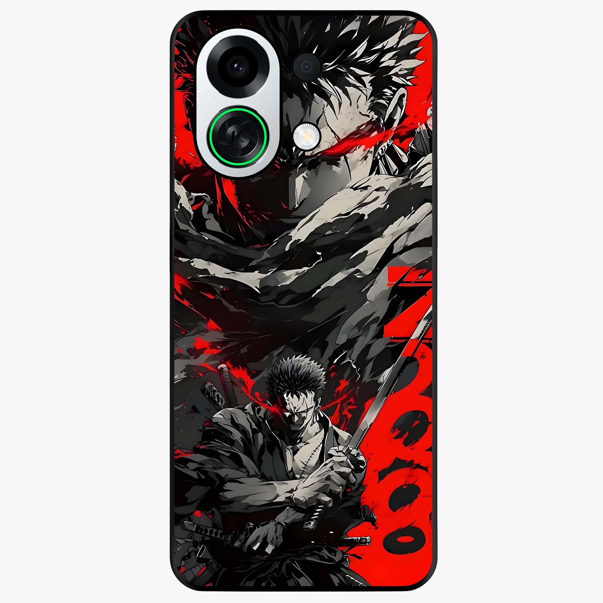 Demon Sword Resolve Glass Case showing flat back view with fierce sword warrior artwork and glossy glass finish.