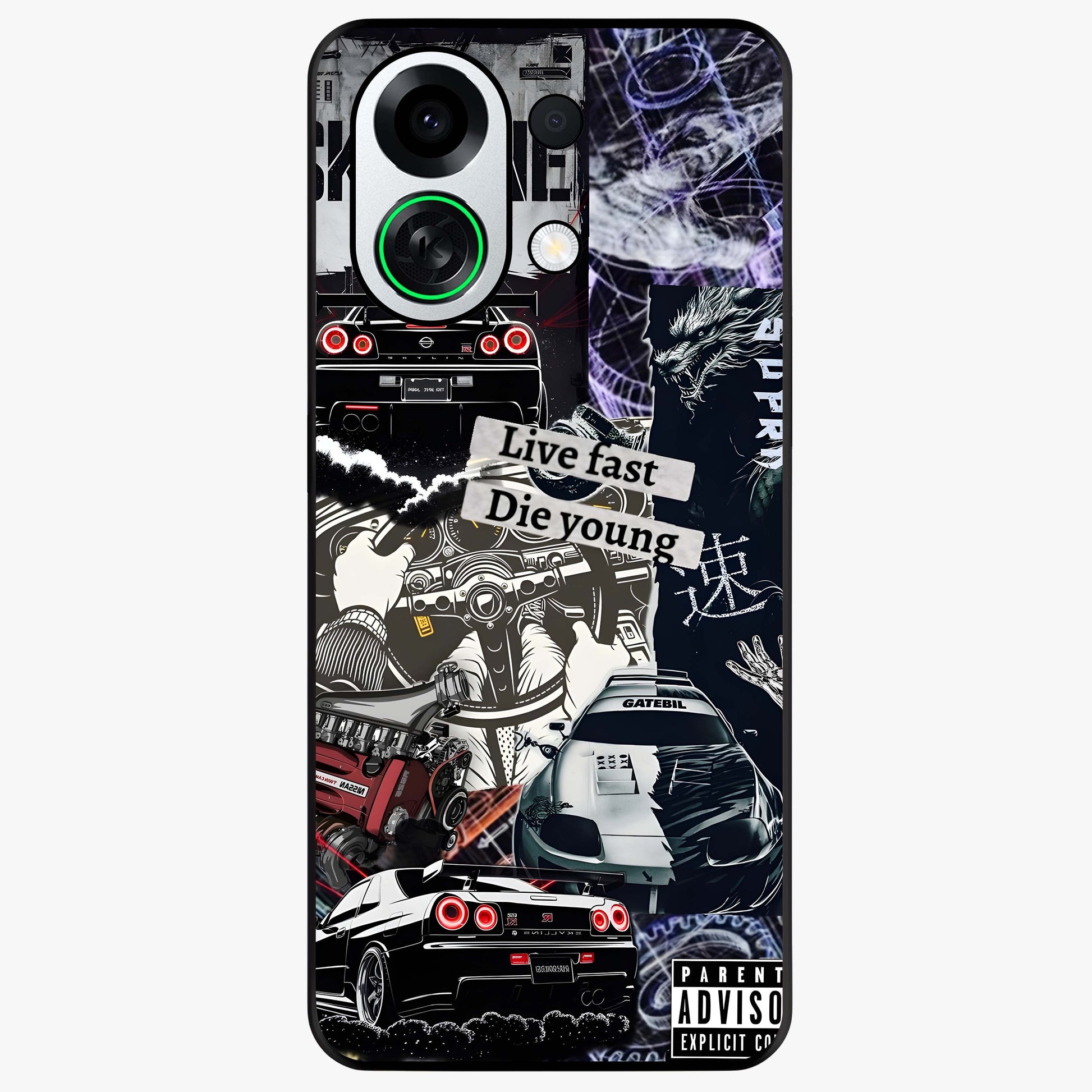 Die Young Glass Case showing flat back view with bold artistic typography design and glossy glass finish.