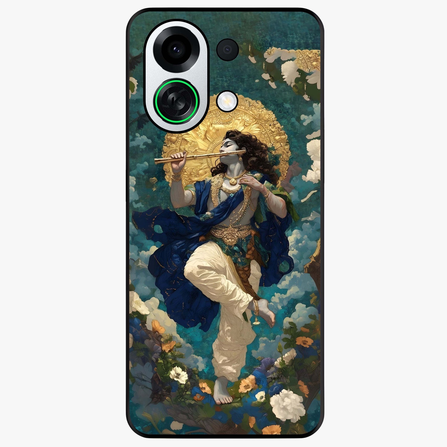 Divine Krishna Art Glass Case showing flat back view with Lord Krishna artwork and glossy glass finish.