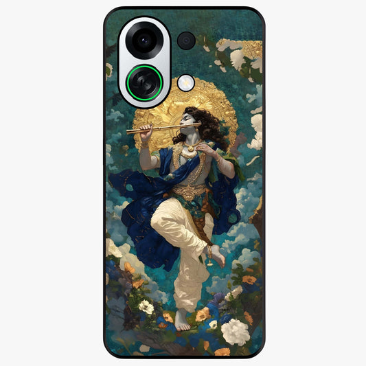 Divine Krishna Art Glass Case showing flat back view with Lord Krishna artwork and glossy glass finish.