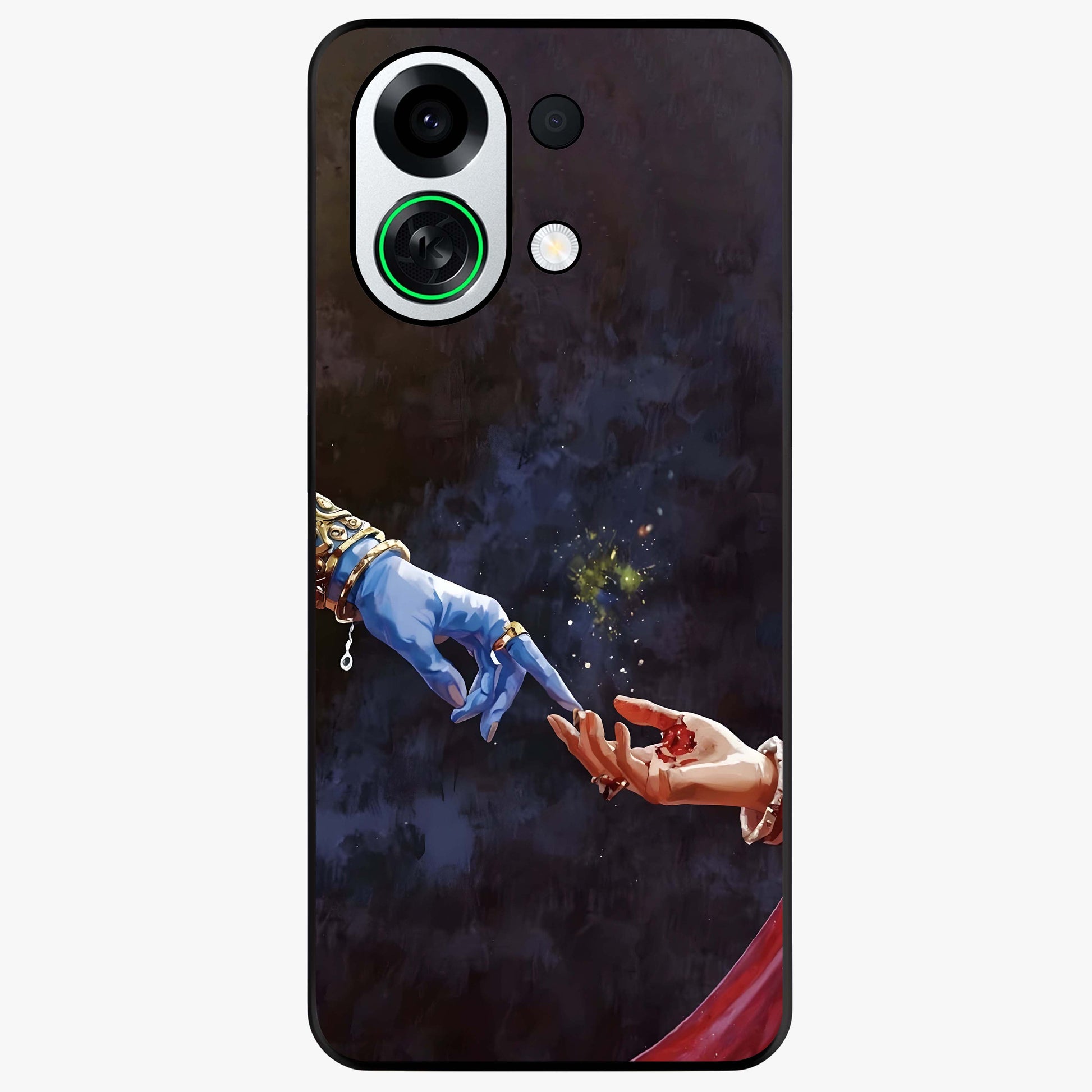 Divine Touch Eternal Glass Case showing flat back view with spiritual themed artwork and glossy glass finish.