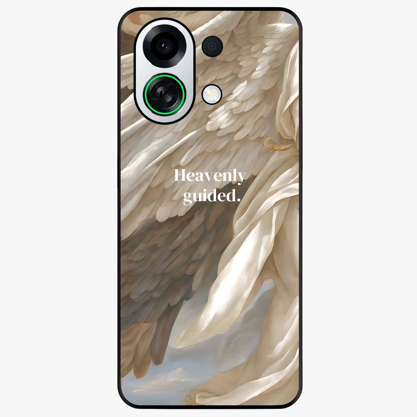 Divine Winged Grace Glass Case showing flat back view with elegant wing inspired artwork and glossy glass finish.