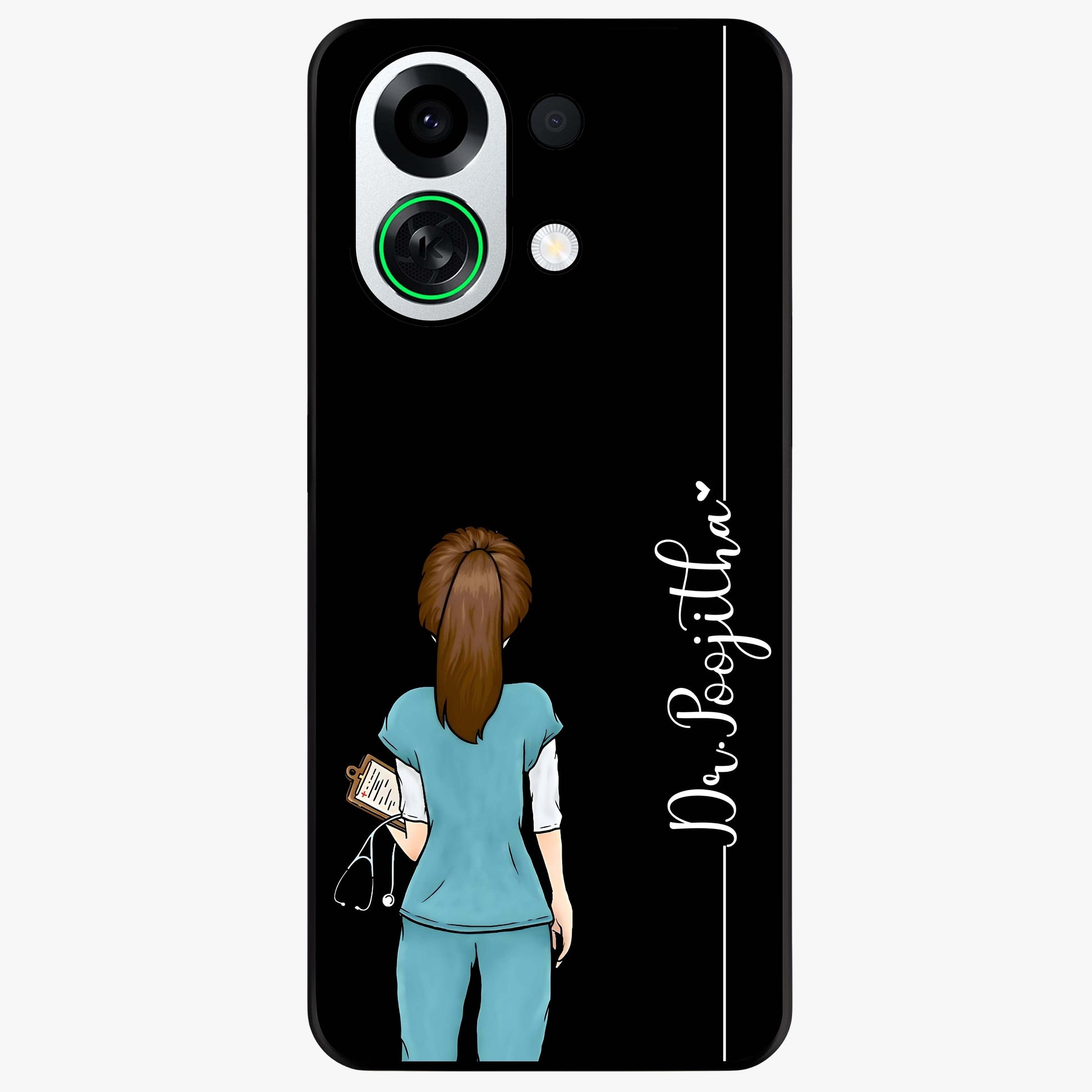 Doctor Pattern Custom Name Glass Case showing flat back view with medical themed pattern and personalized name design.
