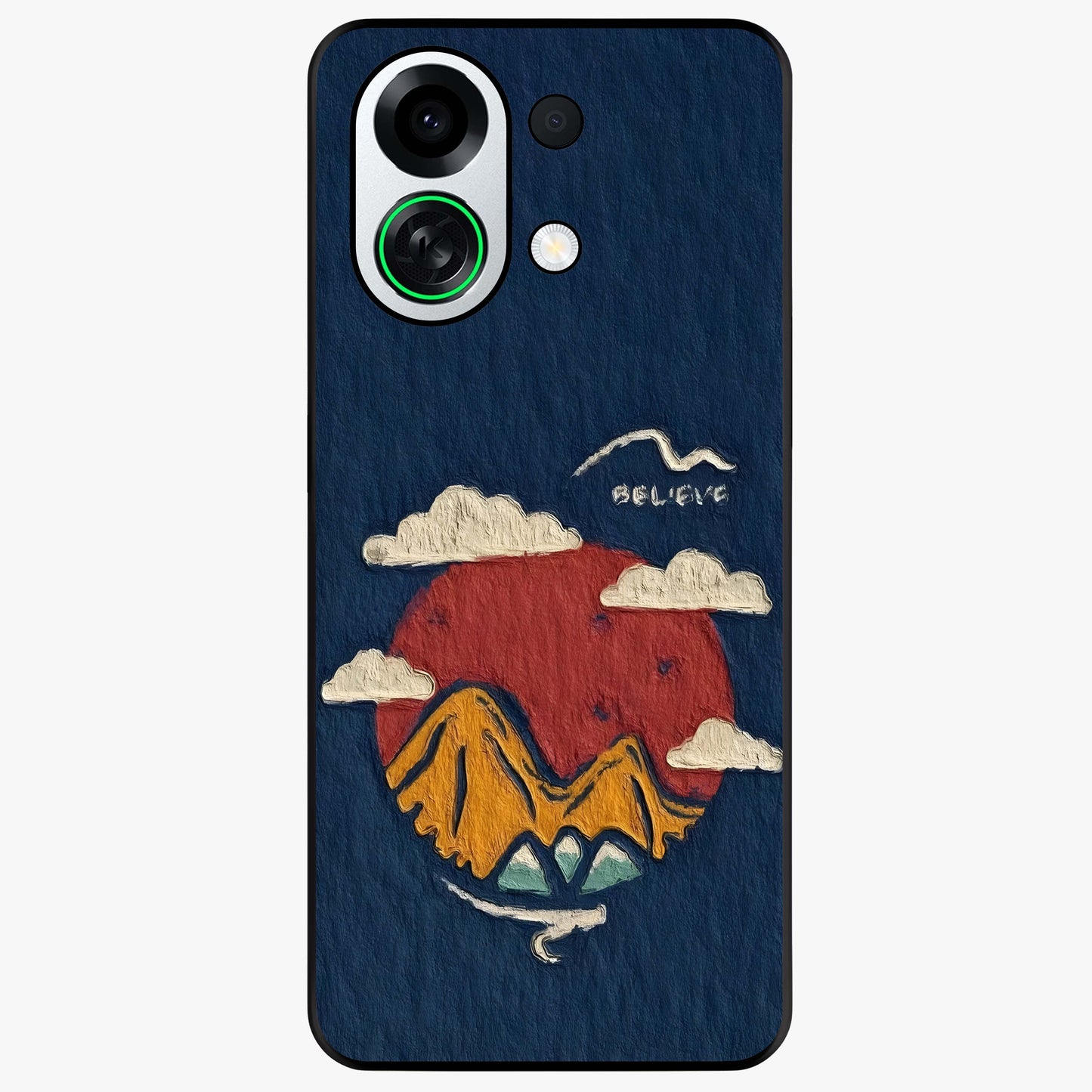 Dream Beyond Mountains Glass Case showing flat back view with scenic mountain landscape artwork and glossy glass finish.