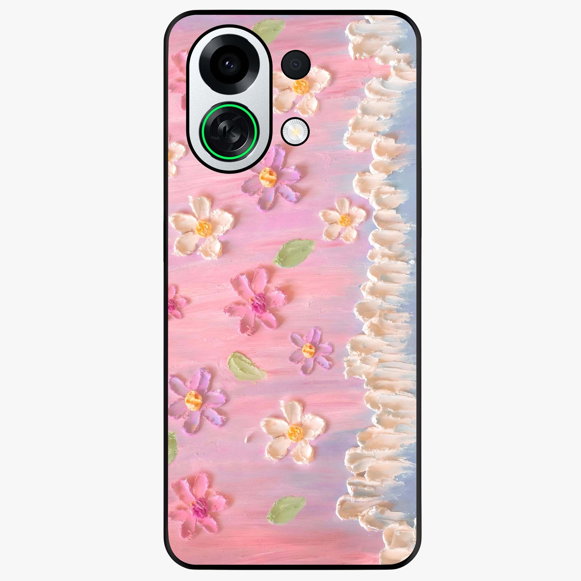 Dreamy Painted Garden Glass Case showing flat back view with artistic painted floral garden artwork and glossy glass finish.