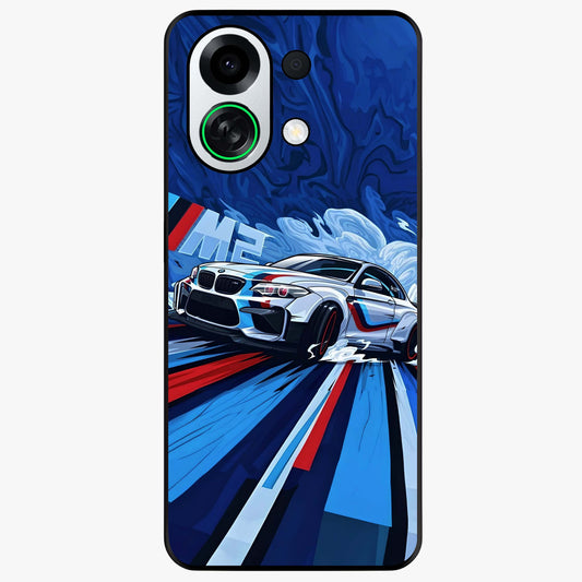Drift Power Rush Glass Case showing flat back view with dynamic racing inspired artwork and glossy glass finish.