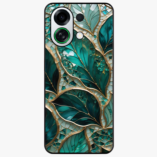 Emerald Leaf Glass Glass Case showing flat back view with emerald green leaf artwork and glossy glass finish.