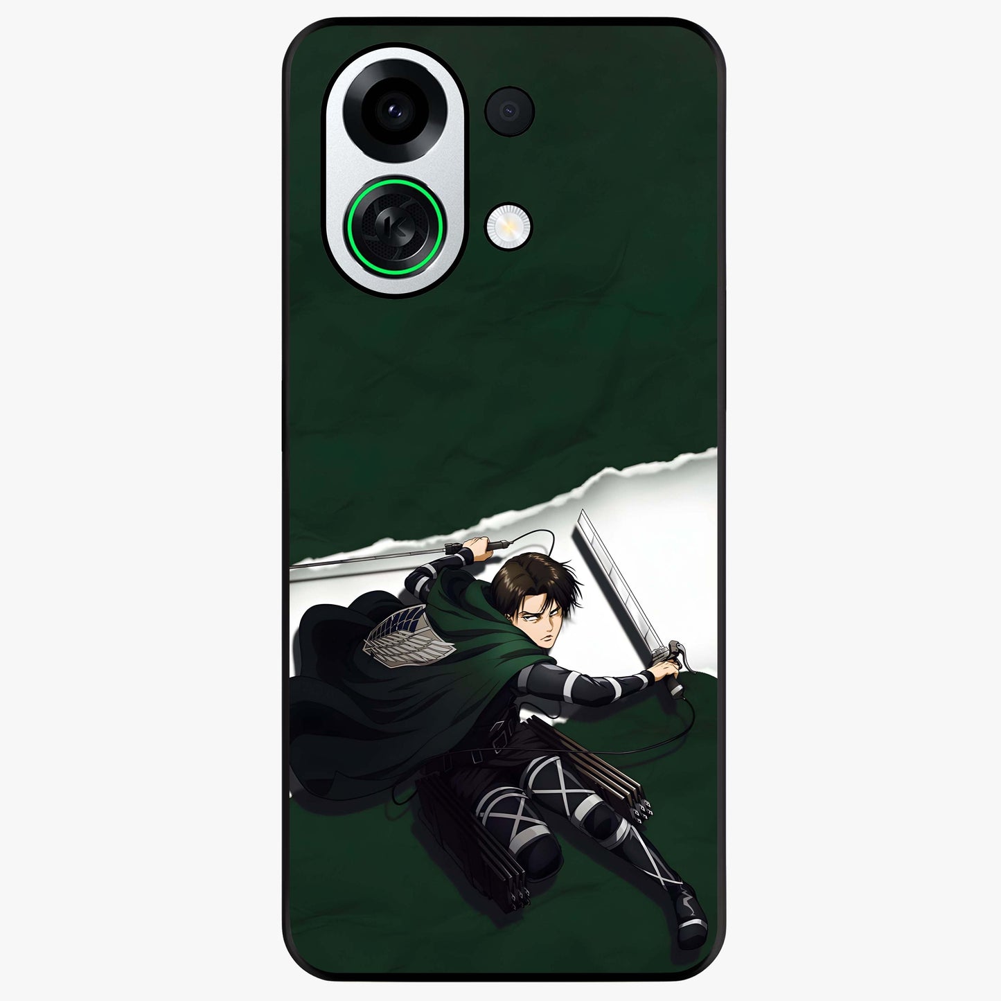 Emerald War Vanguard Glass Case showing flat back view with powerful warrior themed artwork and glossy glass finish.