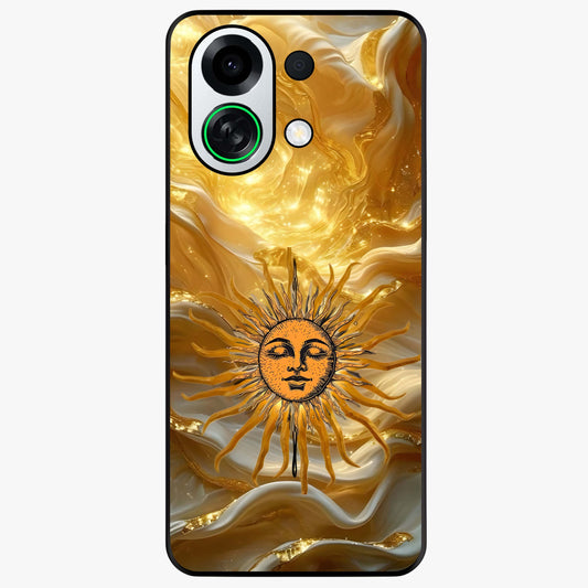 Eternal Golden Glow Glass Case showing flat back view with radiant golden themed artwork and glossy glass finish.