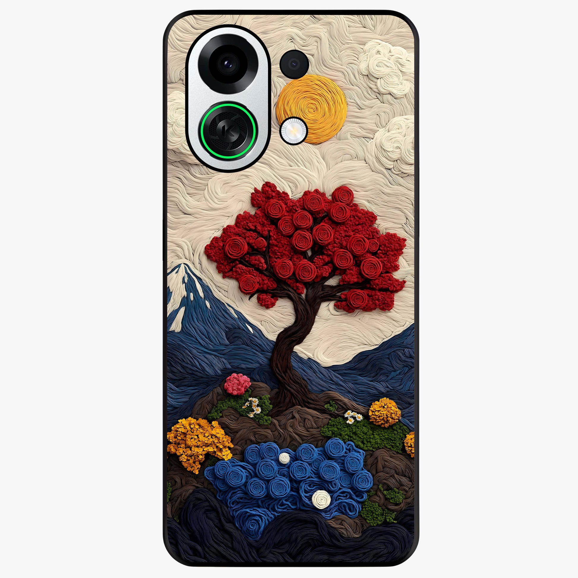 Eternal Nature Tapestry Glass Case showing flat back view with intricate nature tapestry artwork and glossy glass finish.