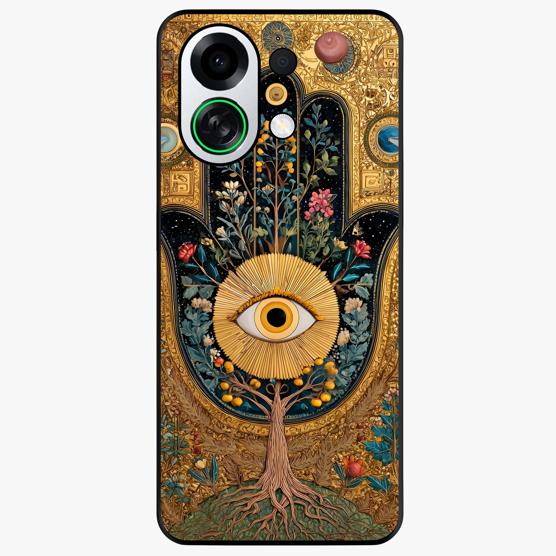 Ethereal Evil Eye Glass Case showing flat back view with mystical evil eye artwork and glossy glass finish.