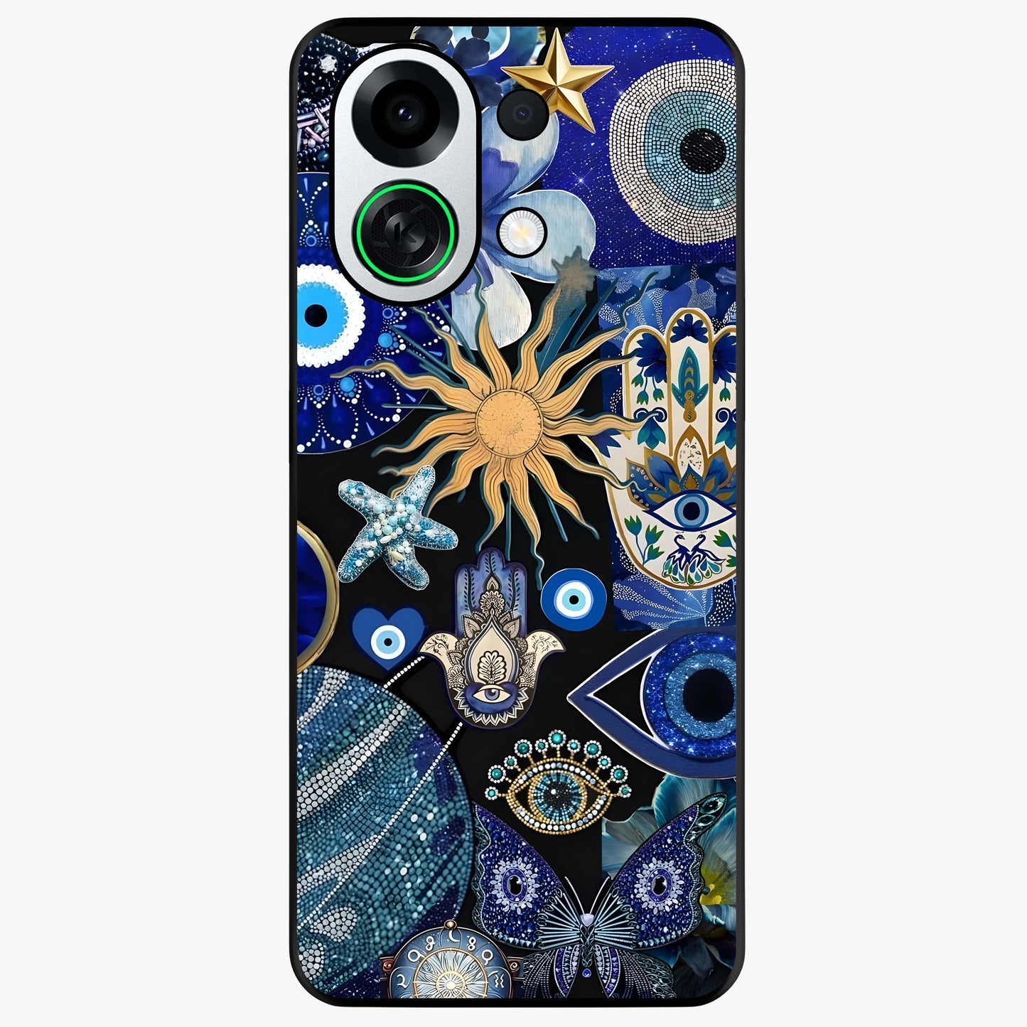 Evil Eye Charm Mix Glass Case showing flat back view with multiple evil eye charms artwork and glossy glass finish.