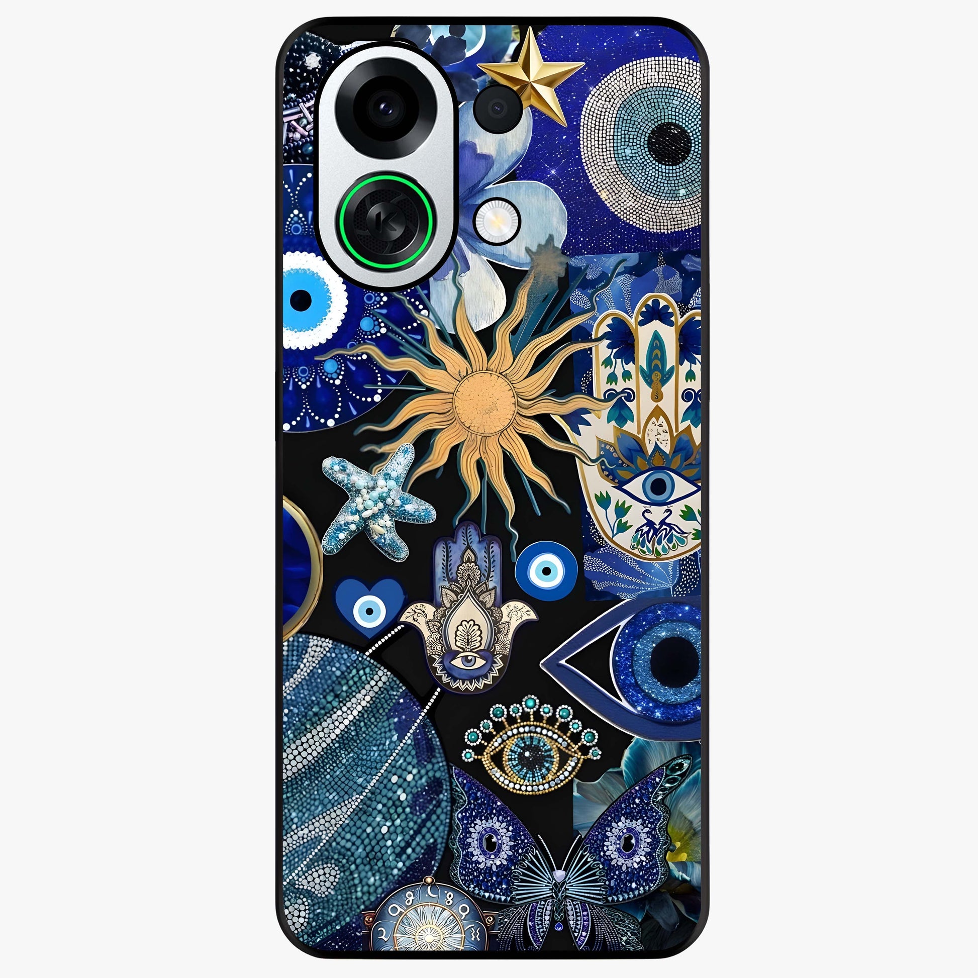 Evil Eye Charm Mix Glass Case showing flat back view with multiple evil eye charms artwork and glossy glass finish.