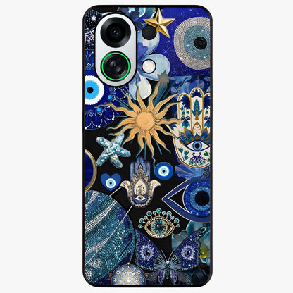 Evil Eye Charm Mix Glass Case showing flat back view with multiple evil eye charms artwork and glossy glass finish.
