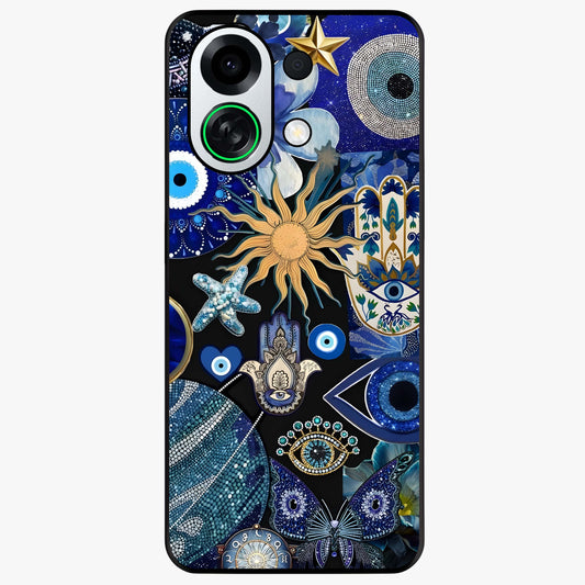 Evil Eye Charm Mix Glass Case showing flat back view with multiple evil eye charms artwork and glossy glass finish.