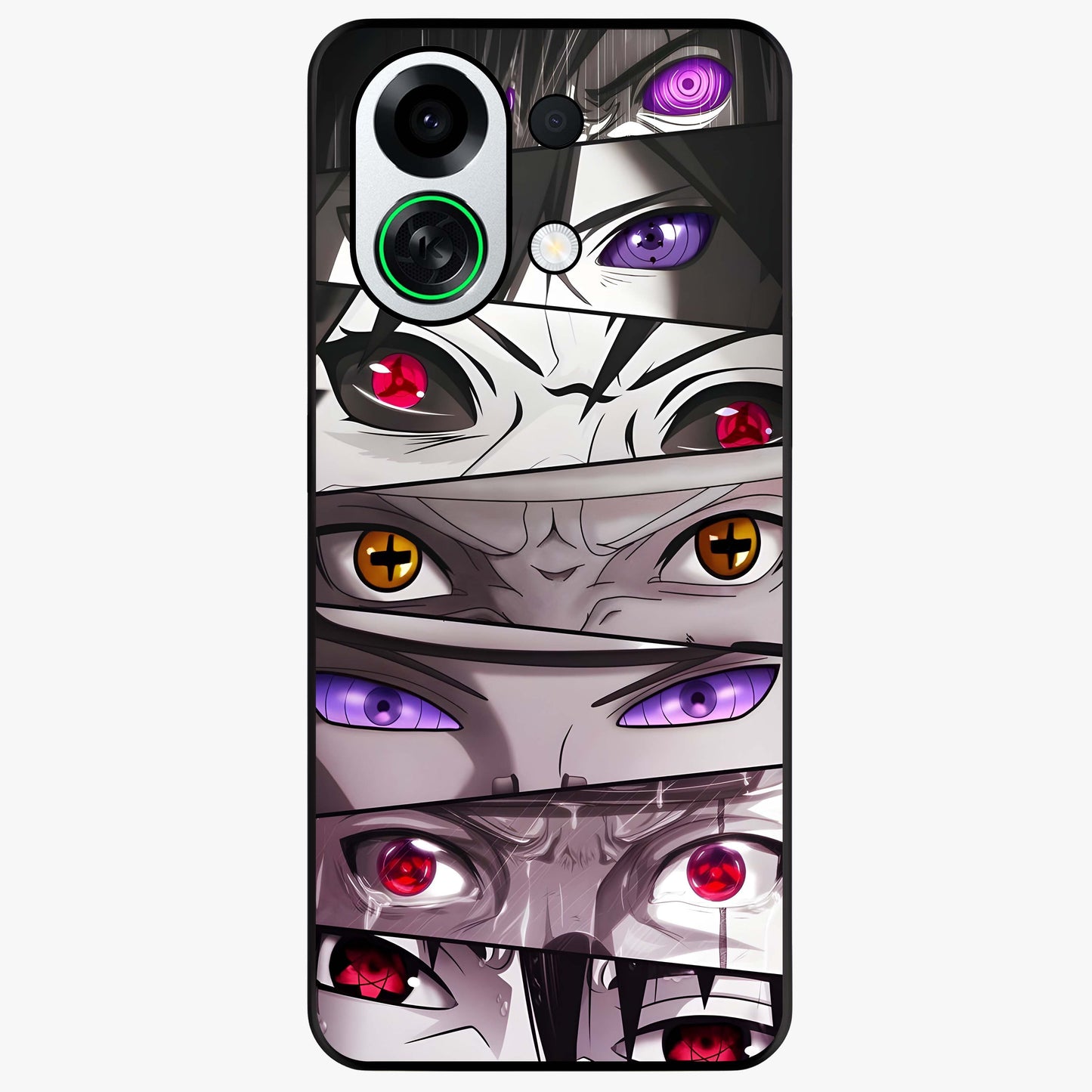 Eyes of Destiny Glass Case showing flat back view with striking eye themed artwork and glossy glass finish.