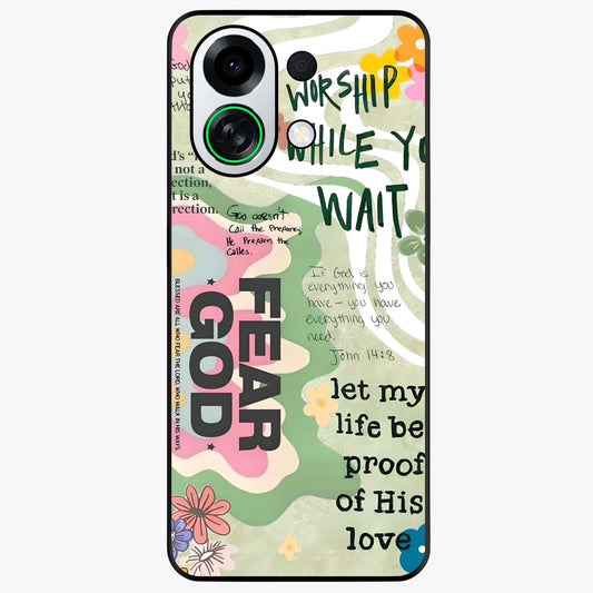 Faith Over Fear Glass Case showing flat back view with motivational typography artwork and glossy glass finish.
