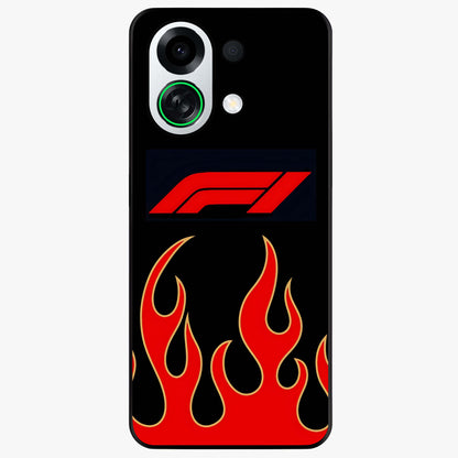 Fire F11 Glass Case showing flat back view with fiery themed artwork and glossy glass finish.