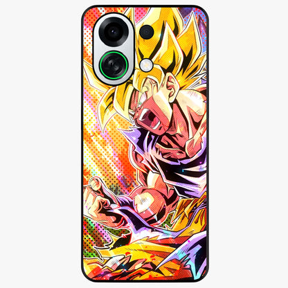 Firing Goku Glass Case showing flat back view with powerful anime inspired artwork and glossy glass finish.