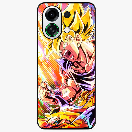 Firing Goku Glass Case showing flat back view with powerful anime inspired artwork and glossy glass finish.