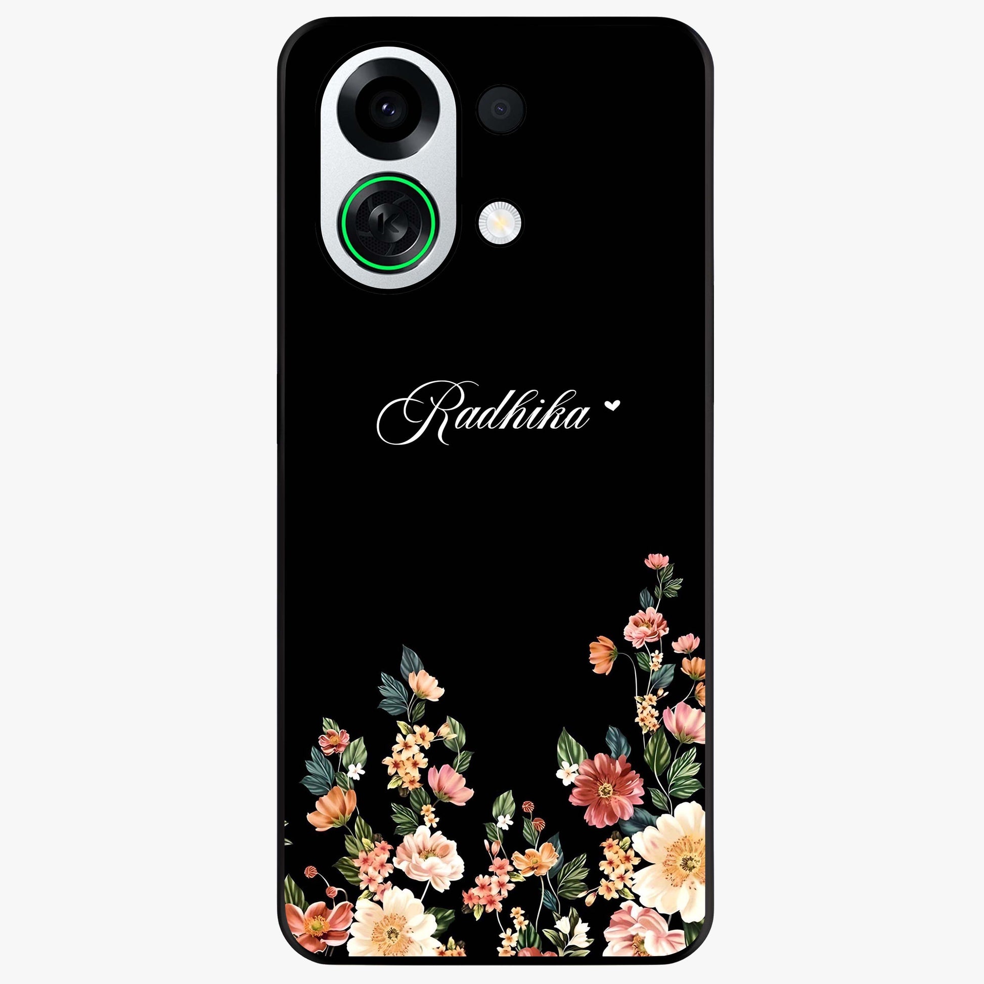 Floral Design With a Custom Personalized Name Glass Case showing flat back view with floral artwork and personalized name design.