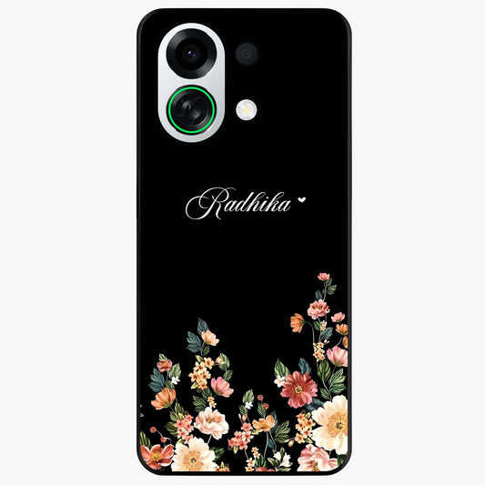 Floral Design With a Custom Personalized Name Glass Case showing flat back view with floral artwork and personalized name design.