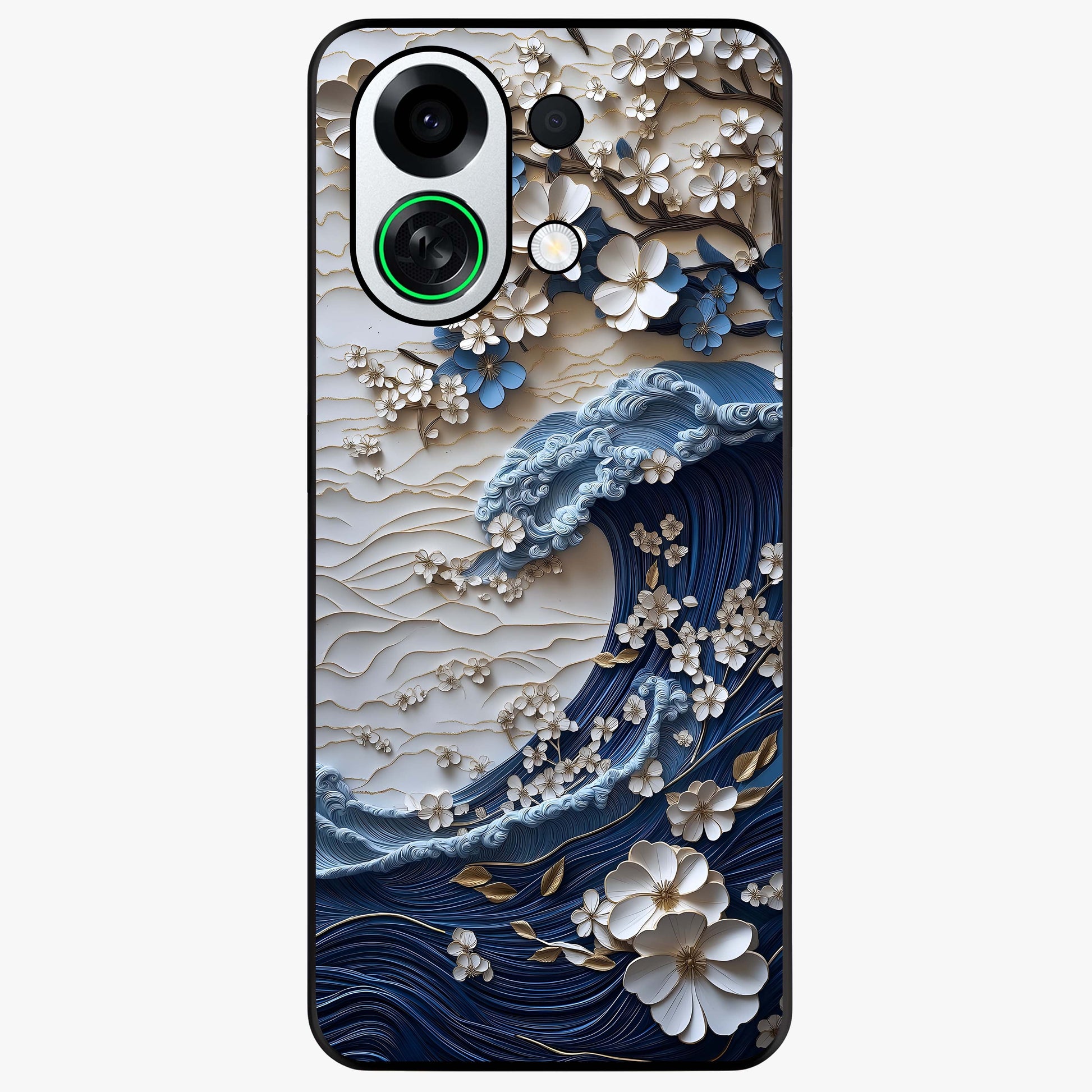 Floral Wave Origami Glass Case showing flat back view with origami inspired floral wave artwork and glossy glass finish.