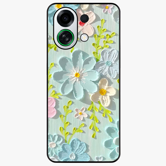 Frosted Petal Garden Glass Case showing flat back view with soft frosted floral artwork and glossy glass finish.