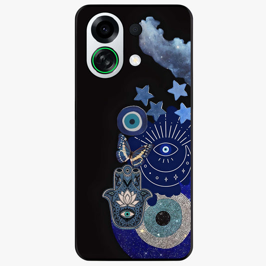 Galactic Charm Cluster Glass Case showing flat back view with glowing celestial charm artwork and glossy glass finish.