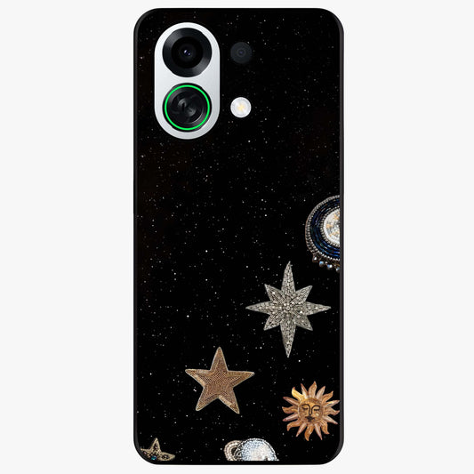 Galactic Charm Glow Glass Case showing flat back view with glowing celestial charm artwork and glossy glass finish.