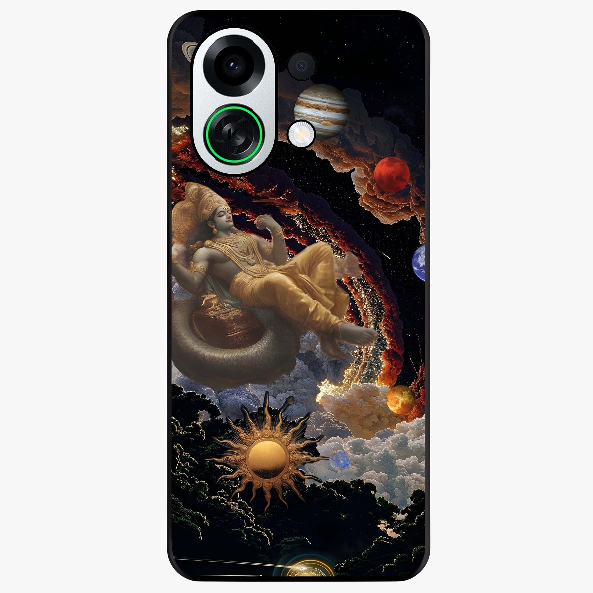 Galactic Divine God Glass Case showing flat back view with divine cosmic themed artwork and glossy glass finish.
