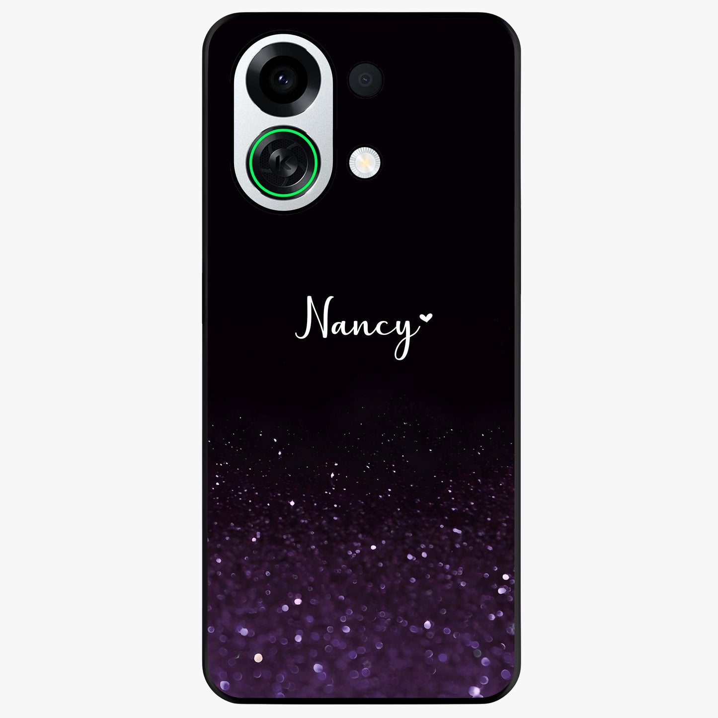 Glittery Purple Bokeh Custom Name Glass Case showing flat back view with purple bokeh sparkle artwork and personalized name design.