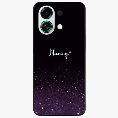 Glittery Purple Bokeh Custom Name Glass Case showing flat back view with purple bokeh sparkle artwork and personalized name design.