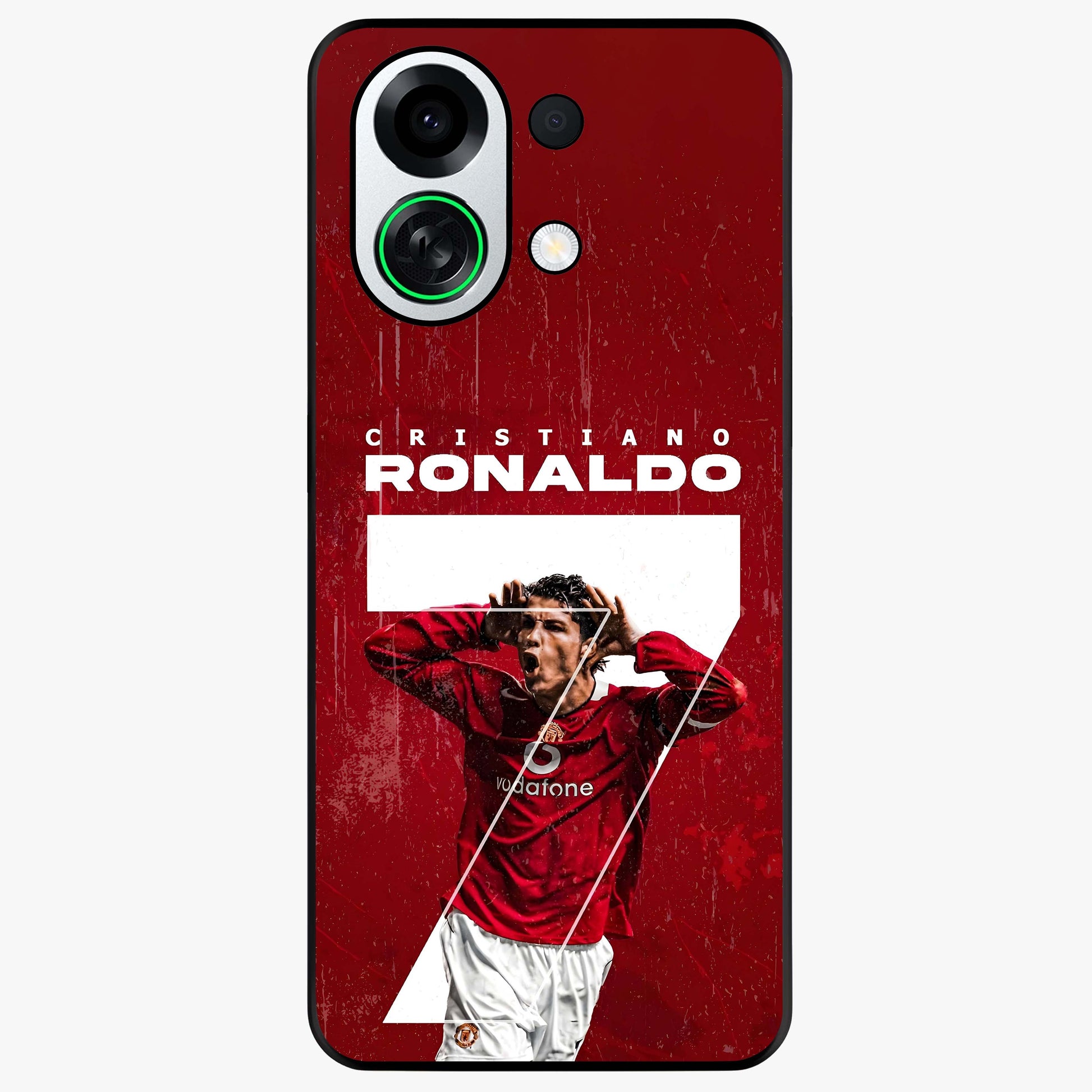 Goal Celebration Legacy Glass Case showing flat back view with football celebration inspired artwork and glossy glass finish.