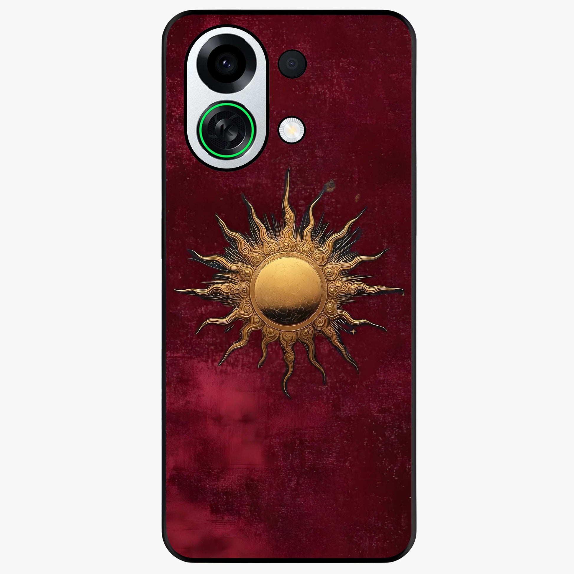 Gold Sun Blush Glass Case showing flat back view with golden sun inspired artwork and glossy glass finish.