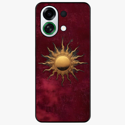 Gold Sun Blush Glass Case showing flat back view with golden sun inspired artwork and glossy glass finish.