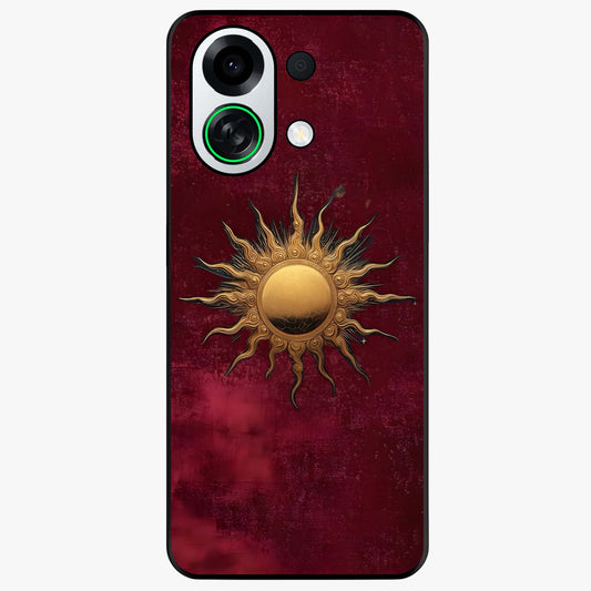 Gold Sun Blush Glass Case showing flat back view with golden sun inspired artwork and glossy glass finish.