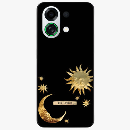 Golden Celestial Charm Glass Case showing flat back view with golden celestial charm artwork and glossy glass finish.