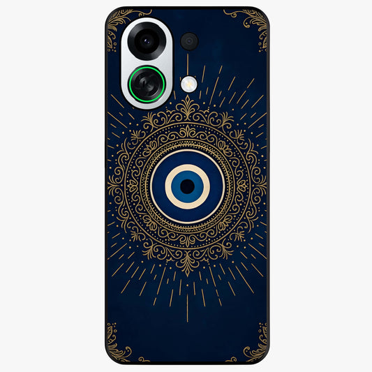 Golden Evil Eye Mandala Glass Case showing flat back view with intricate evil eye mandala artwork and glossy glass finish.