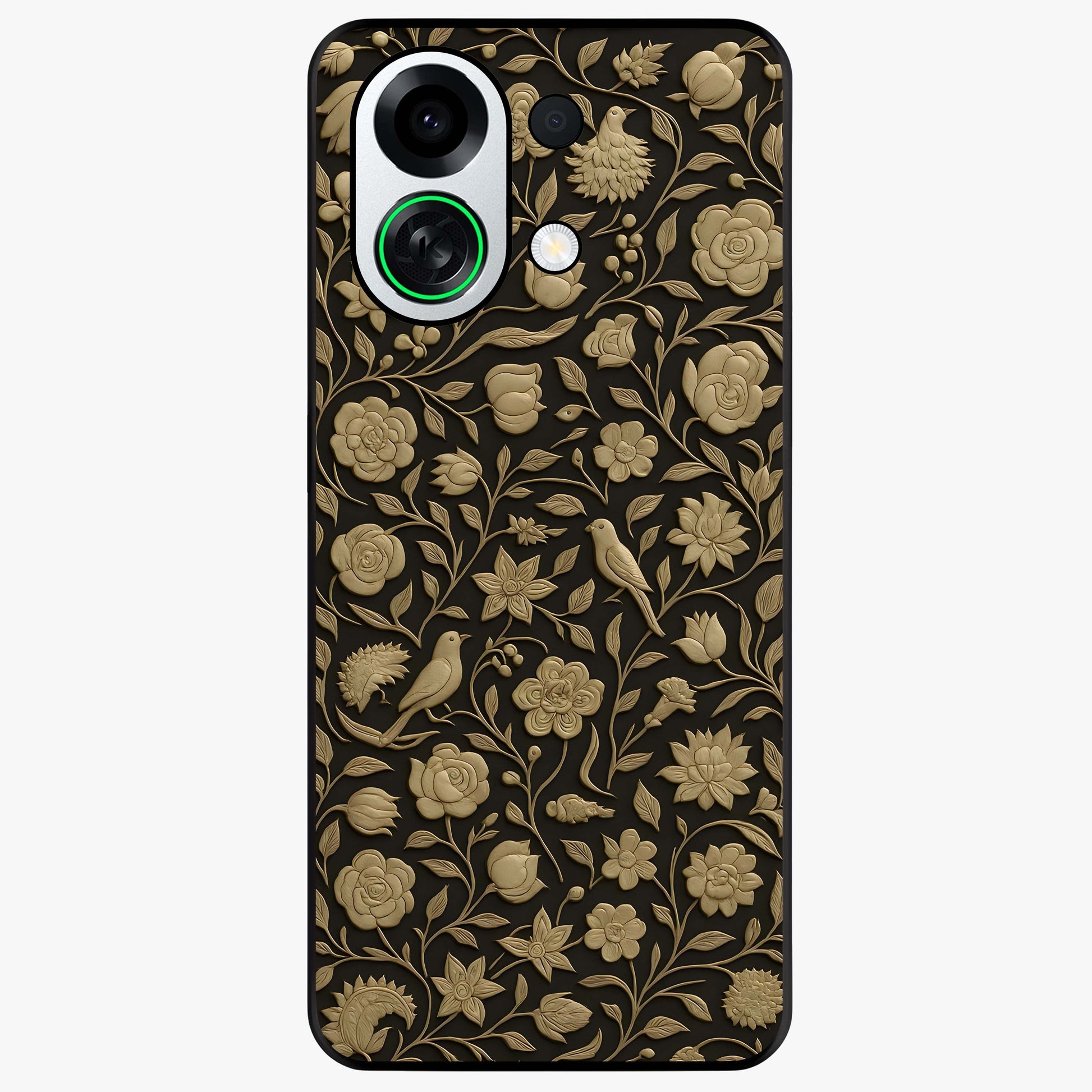 Golden Floral Majesty Glass Case showing flat back view with luxurious golden floral artwork and glossy glass finish.