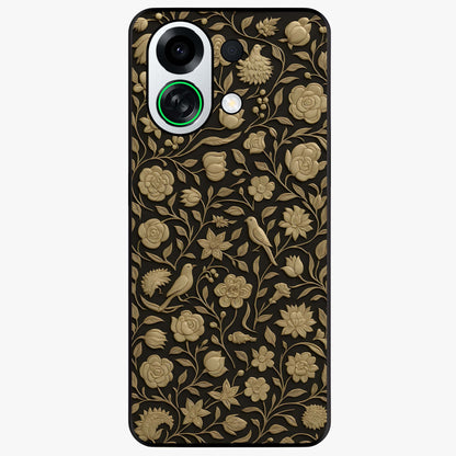 Golden Floral Majesty Glass Case showing flat back view with luxurious golden floral artwork and glossy glass finish.