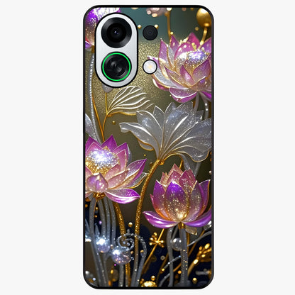 Golden Lotus Glow Glass Case showing flat back view with glowing lotus flower artwork and glossy glass finish.
