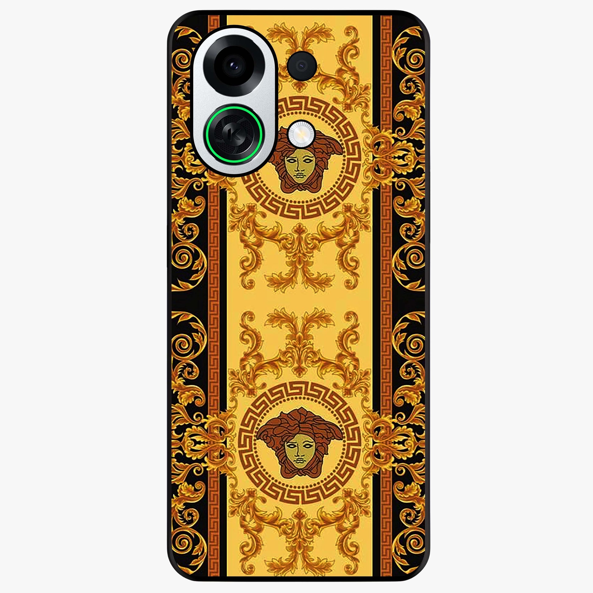 Golden Royal Heritage Glass Case showing flat back view with ornate royal pattern artwork and glossy glass finish.