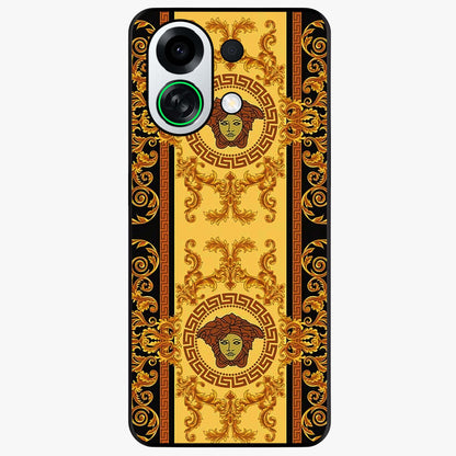 Golden Royal Heritage Glass Case showing flat back view with ornate royal pattern artwork and glossy glass finish.