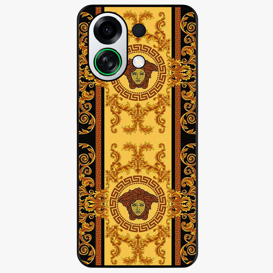 Golden Royal Heritage Glass Case showing flat back view with ornate royal pattern artwork and glossy glass finish.
