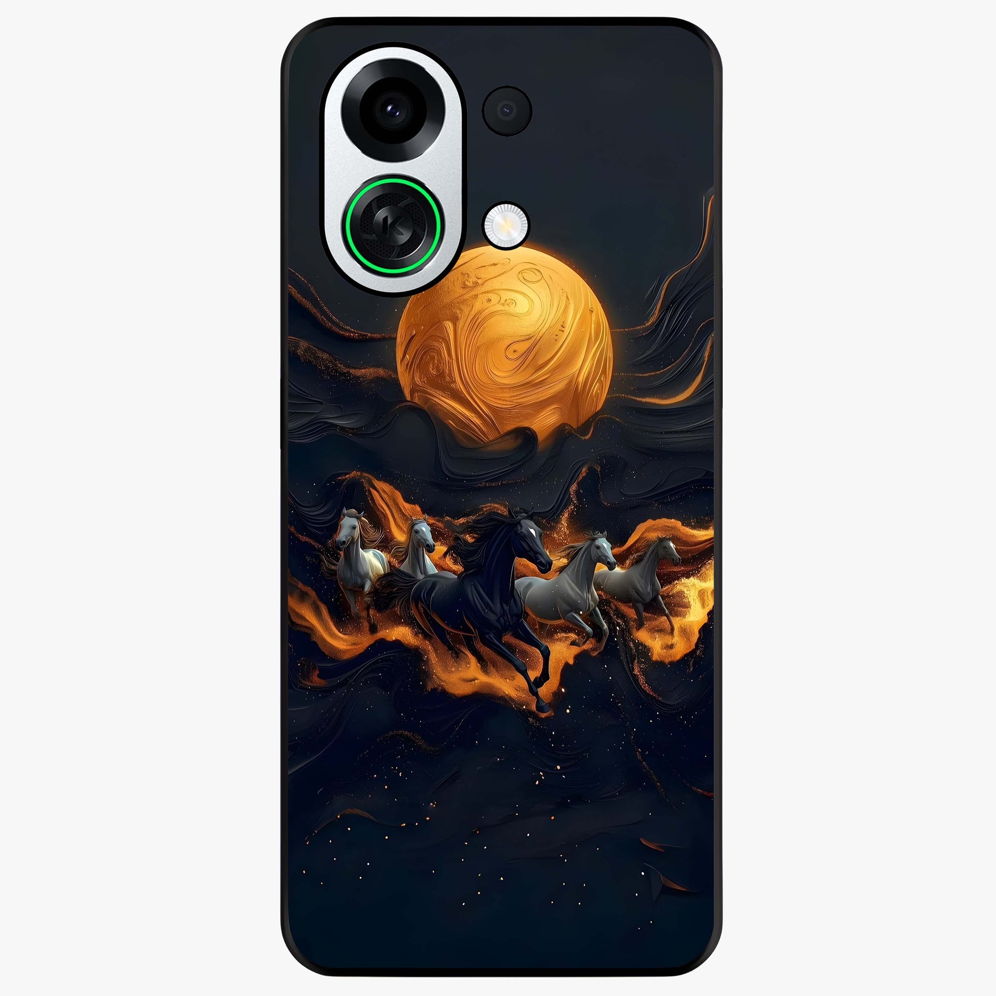 Golden Stallion Moonride Glass Case showing flat back view with majestic horse under moonlight artwork and glossy glass finish.